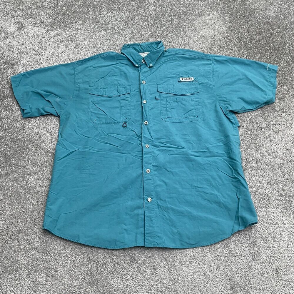Columbia PFG Omni Shade Bahama Shirt Mens Large Blue Short Sleeve Cotton Casual